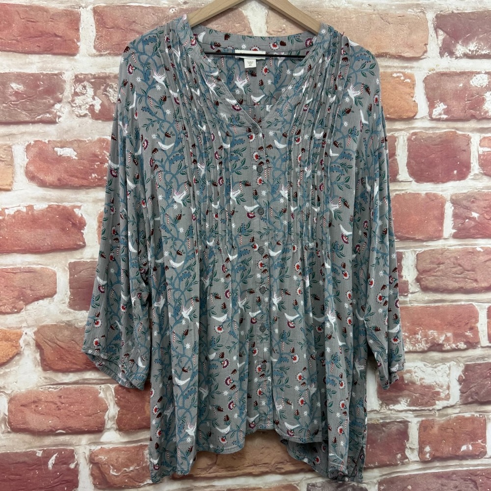 Coldwater Creek Top Women's 2X Gray Floral Birds Christmas Holiday Casual Shirt - Picture 2 of 9